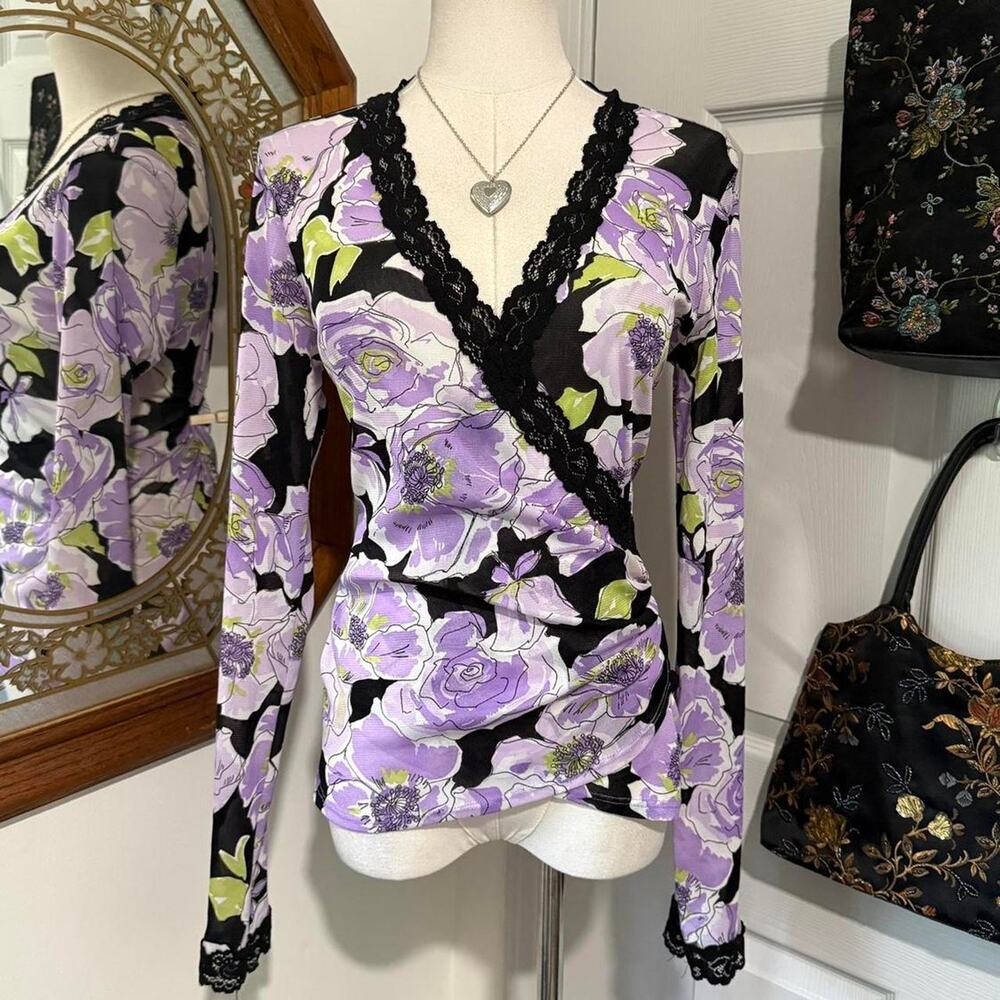 VTG Y2K Karen Kane Purple, Black & Green Floral Lace Trim Long Mesh Sleeve Top